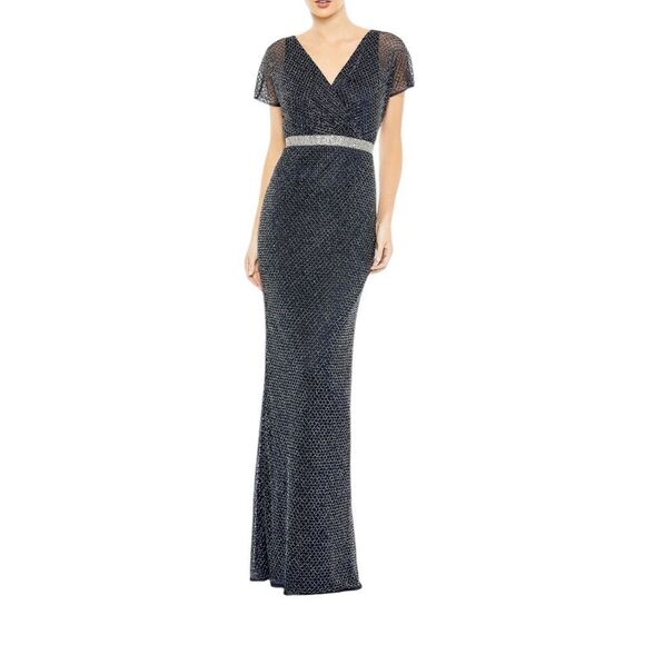 Mac Duggal 93678 Navy Blue Beaded Column Maxi Dress | 2 - Picture 1 of 10